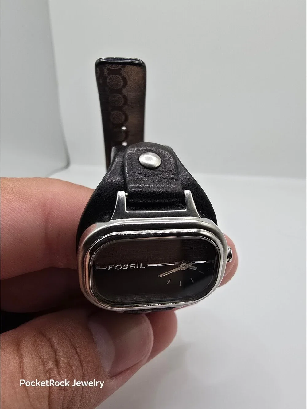 Fossil Women’s Quartz Analog Rectangle Watch Black Dial Silver Case Leather